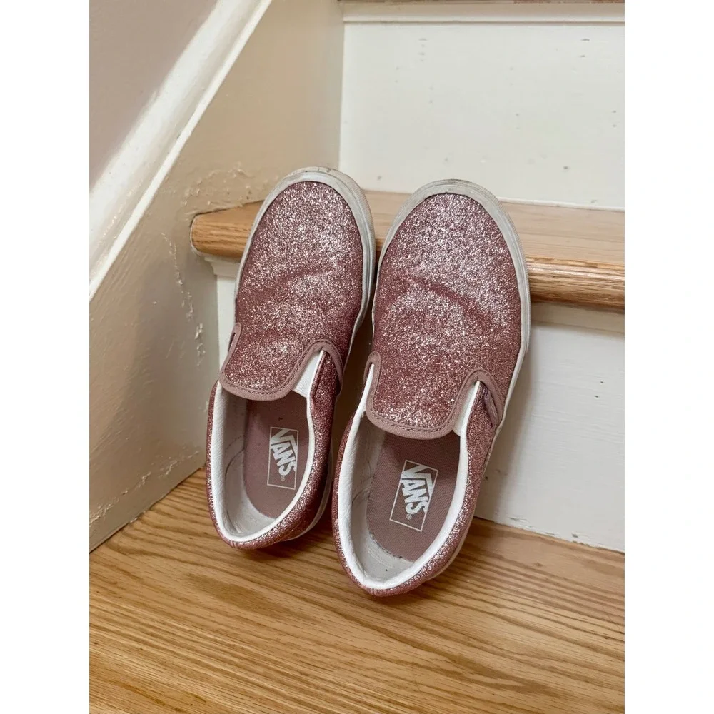 Vans Classic Slip-On Rose Gold Glitter Kids Size 2 Skate Shoes Pink Sneakers